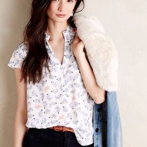 Anthropologie Maeve Women’s Hop Along Bunny Top White Printed Cap-Sleeve 2